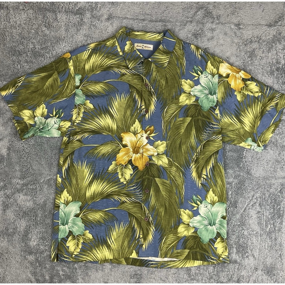 Tommy Bahama Men's Large Silk Blue Tropical Short Sleeve Button Front Shirt Euc‎